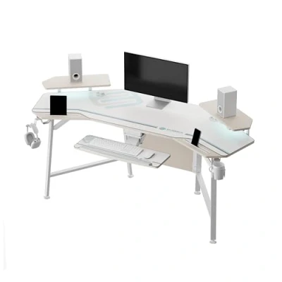 Abbildung von EUREKA ERGONOMIC Gaming Tisch mit LED 182x76cm Groß Schreibtisch in Flügelform PC Computertisch Tastaturablage,2 Monitorregal,Kopfhörerhaken für Home Office Studio Live Streaming