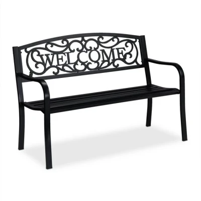 Abbildung von Relaxdays Gartenbank Welcome, Zweisitzer, stabil, rustikales Design, Metall Sitzbank, HxBxT: 87 x 127 61 cm, schwarz