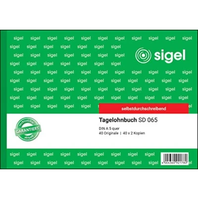 Abbildung von SIGEL SD065/5 Tagelohnbuch A5 quer, 3x40 Blatt, selbstdurchschreibend, 5 Stück, mikroperforiert, mit Abheftlochung, aus nachhaltigem Papier