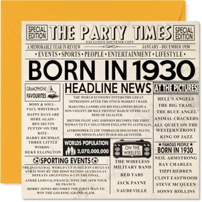 Abbildung von Stuff4 Geburtstagskarte zum 94. Geburtstag für Männer und Frauen, Zeitung Born in 1930 Newspaper, Happy 94 Großvater, Oma, Vintage, Retro, Back 1930, 145 mm x mm,