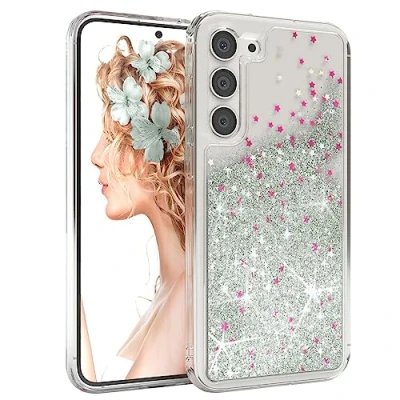 Abbildung von EAZY CASE Hülle kompatibel mit Samsung Galaxy S23 Plus Schutzhülle Flüssig Glitzer, Handyhülle, Schutzhülle, Back Cover Glitter Flüssigkeit, TPU/Silikon, Transparent/Durchsichtig, Silber