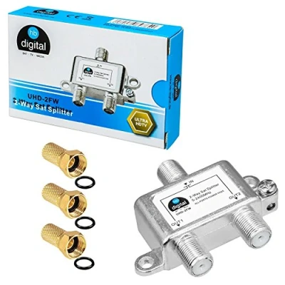 Abbildung von HB digital SAT BK UKW Verteiler 2 Fach Splitter Wege 5 2400 MHz analog tauglich voll geschirmt mit Spannungsdurchlass DVB S S2 FM Kabelfernsehen C + passende F Stecker