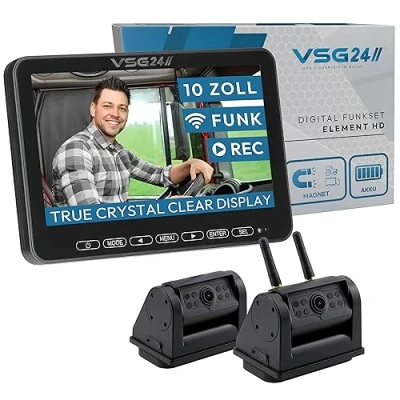 Abbildung von VSG24 10“ Element HD XL 2 Kameras Funk Rückfahrsystem Akku Magnet für Wohnmobil &amp; LKW, KFZ Set kabellos inkl. Rückfahrkamera + Monitor, DIY Nachrüstung 12V 24V, Kamera digital, Auto Rückspiegel