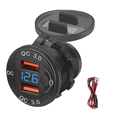 Abbildung von Auto USB Steckdose Kfz Ladegerät Buchse QC3.0, 12V/24V Wasserdicht Dual Ladebuchse mit 23,6 Zoll Kabel LED Anzeige und Touch Schalter
