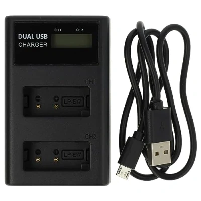 Abbildung von vhbw Dual Ladegerät kompatibel mit Canon EOS 750D, 8000D, 800D, 200D, 760D, 77D Kamera/Akku Ladeschale + Micro USB Kabel Display, 8,4 V