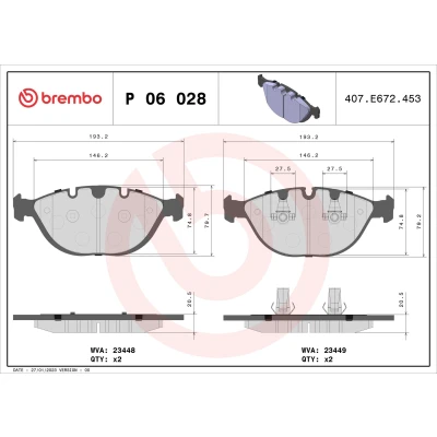 Abbildung von BREMBO P 06 028 Bremsbelagsatz für Verschleißwarnanzeiger vorbereitet mit Kolbenclip ohne Zubehör BMW: X5