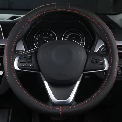Abbildung von OFZVEO Auto Lenkrad Abdeckung Lenkradschutz Lenkradhülle PU Leder Universal 37 38cm / 15&quot; rutschfest Atmungsaktiv Langlebig (Schwarz)