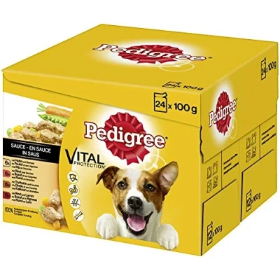 Abbildung von Pedigree Vital Protection Hundenassfutter im Beutel Hundefutter in Sauce mit Huhn, Rind, Truthahn &amp; Lamm 2 x 24 100g Großpackung