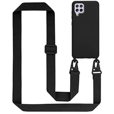 Abbildung von Cadorabo Handykette kompatibel mit Samsung Galaxy A22 4G M22 M32 Schutzhülle TPU Liquid Silikon Necklace verstellbarem Band Kordel Etui Case Hülle für in Schwarz