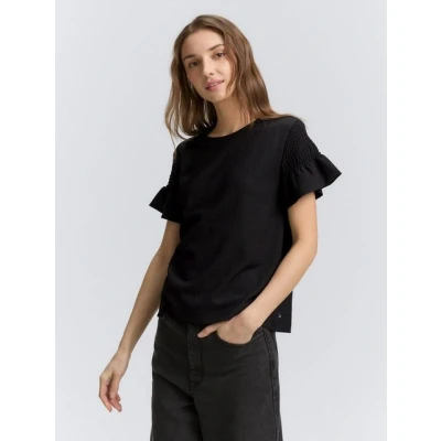 Abbildung von TOM Tailor Denim MIT Smockdetails Tshirt print, Damen, Größe: Large, Deep black