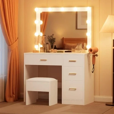 Abbildung von YITAHOME Schminktisch mit Spiegel, Kosmetiktisch 4 Schubladen, Frisiertisch Hocker, Beleuchtung, Steckdose, Weiß (Make Up Tisch, Frisiertisch, Kosmetiktisch, Vanity Table)