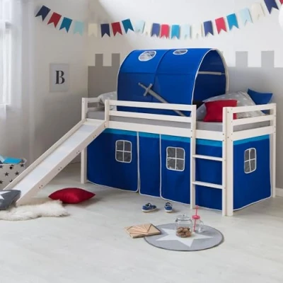 Abbildung von Homestyle4u Hochbett 90x200 cm Stockbett Kinderbett Holz Kiefer Spielbett mit Vorhang, Tunnel, Rutsche, Lattenrost