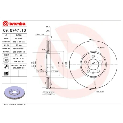 Abbildung von BREMBO 09.6747.10 Bremsscheibe 288 25 5 innenbelüftet mit Schrauben VOLKSWAGEN: GOLF 3, Passat B3/B4 Limousine, Variant