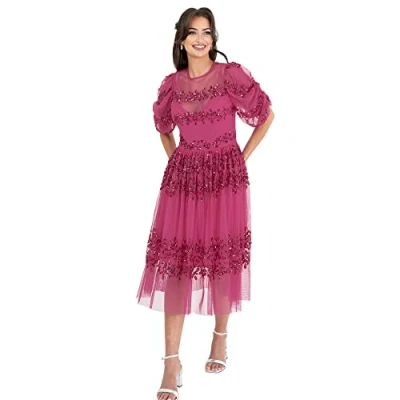 Abbildung von Maya Deluxe Damen Womens Midi Ladies Sequin Embellished Short Sleeve Dress for Wedding Guest Bridesmaid Prom Ball Evening Occasion Kleid, Fuchsia,36