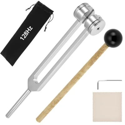 Abbildung von QWORK® 128Hz Stimmgabel aus Aluminiumlegierung mit Silikonhammer und Tasche Rostbeständig Ergonomisch für Klangheilung Meditation