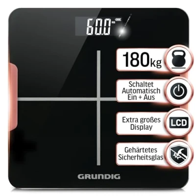 Abbildung von Grundig Personenwaage Körperwaage bis 180 kg mit hochpräzisen Sensoren, 5mm gehärtetes Sicherheitsglas LCD Display großen Zahlen