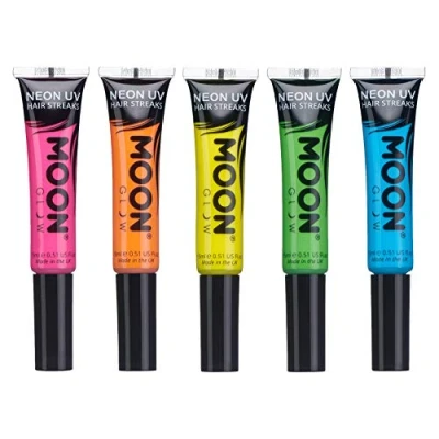 Abbildung von Moon Glow Neon UV Haarfarbenstreifen, 5er Set, Haar Mascara, temporäre auswaschbare Haarfarbe, leuchtende Neonfarbe, leuchtet unter Beleuchtung (Grün, 15 ml (5er Pack))