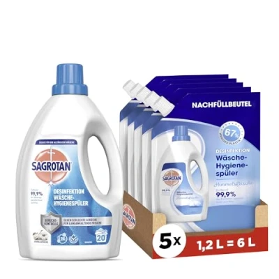Abbildung von Sagrotan Wäsche Hygienespüler Frisch, Waschmittel Zusatz 1,5 L &amp; Himmelsfrische Nachfüller 5 x 1,2l