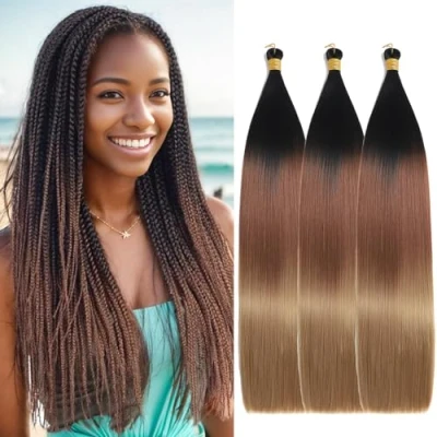 Abbildung von Locescsoc 24 Inch Straight Hair Extensions 150g 3 Packs Bone Braiding Hair, C14 Ariel Ponytail Bundles, Ombre Soft Synthetic Crochet Box Braids for Women (1B/30/27)