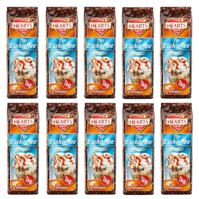 Abbildung von HEARTS Eiskaffee Karamell 10 x 1kg Instant Kaffee Vorteilspack ca. 65 Gläser/Beutel Bohnenkaffee, Ice Coffee mit Caramell, Koffeinhaltig &amp; Löslich
