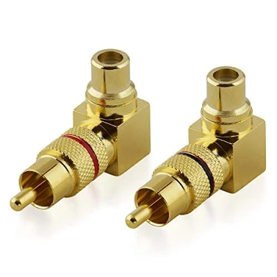 Abbildung von BestPlug 2 Stück RCA L R Audio Adapter Verbindungsstück, Metall Cinch Stecker männlich auf Buchse Kupplung weiblich 90 abgewinkelt, vergoldet, Schwarz