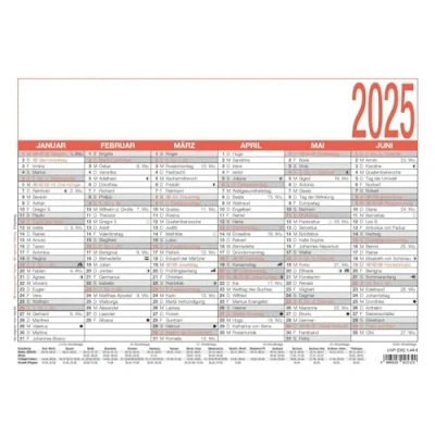 Abbildung von Zettler Namenstagekalender 2025 weiß/rot, 29,7x21cm, Plakatkalender mit Jahresübersicht, 6 Monate auf 1 Seite, Namenstage, Arbeitstage , Tages und Wochenzählung deutsches Kalendarium
