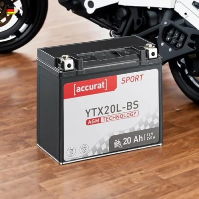 Abbildung von Accurat Motorradbatterie YTX20L BS 12V, 20Ah, 290A, rüttelfest, wartungsfrei Starterbatterie, AGM Batterie in Erstausrüsterqualität für Rasentraktor, Roller, Motorrad, Quad