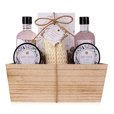 Abbildung von Accentra Duschset Frauen Geschenkset LAVENDEL im Holzkorb 6 teiliges Pflegeset mit Duschgel, Schaumbad, Badesalz, Bodylotion uvm. Wellness Geschenk Set zum Geburtstag, Valentinstag &amp; Weihnachten