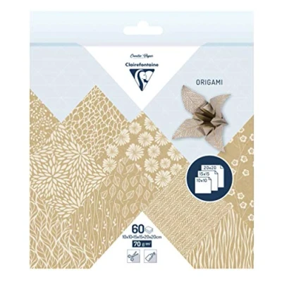 Abbildung von Clairefontaine 95355C Packung mit 60 Blatt Origamipapier, in 3 Formaten (10x10 cm, 15x15 20x20 cm), Motiv sortiert, Kraft floral