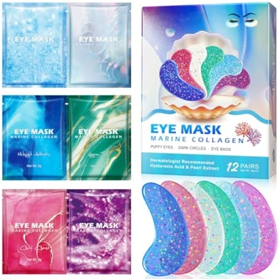 Abbildung von Augenmaske mit Natürlichen Marine Kollagen &amp; Hyaluronsäure, Eye Pads für Geschwollene Augen, Patches,Anti Aging Augenpads Gegen Augenringe Entfernen, Reduzieren Falten (12 Paar)