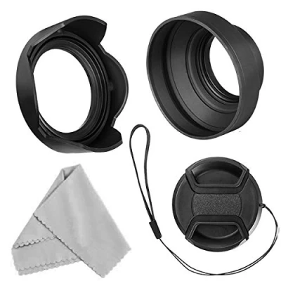 Abbildung von 52mm Gegenlichtblende Set, Zusammenklappbare Gummi Streulichtblende mit Filter Faden + Nmkehrbare Tulpe Blumen Gegenlichtblenden mittlere Pinch Objektiv Kappe Microfaser Reinigungstuch