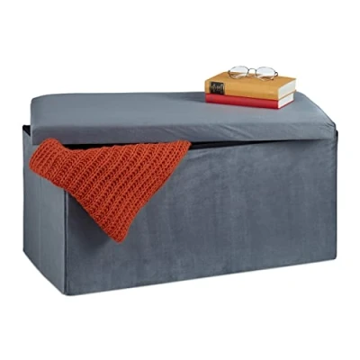 Abbildung von Relaxdays Sitzbank mit Stauraum, Samt, 80 L, Flur, Wohnzimmer, gepolstert, faltbar, Truhenbank, 38x77x39 cm, dunkelgrau