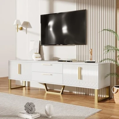 Abbildung von Merax TV lowboard Wohnzimmertisch Fernsehschrank Fernsehtisch Bank Fernseher Tisch Schrank Weiss