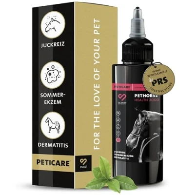 Abbildung von Peticare Spezial Mittel für Pferde bei Sommerekzem Dermatitis Ekzem lindert effektiv Juckreiz &amp; unterstützt Regenerationsprozess, einzigartiges PRS® System lange Wirkung petHorse Health 2000