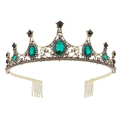 Abbildung von Vofler Gold Schwarz Tiara Krone mit Smaragd Barock Vintage Kristall Grün Strass Stirnband für Frauen Königin Lady Mädchen Braut Prinzessin Geburtstag Hochzeit Festzug Halloween Kostüm Party Kamm