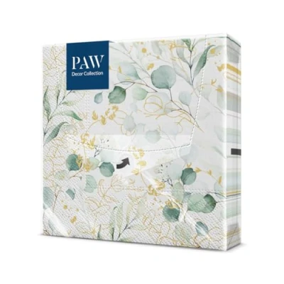 Abbildung von PAW Servietten 3 lagig (33 x 33 cm) I 20 Stück Perfekt für Geburtstage, Partys, Hochzeiten, Kommunion und Feiern Tischdeko Elegante Papierservietten Goldener Eucalyptus Golden Eucaliptus