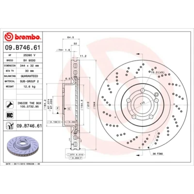 Abbildung von BREMBO COATED DISC LINE 09.B746.61 Bremsscheibe 344 32 5 gelocht/innenbel. beschichtet hochgekohlt mit Schrauben MERCEDES BENZ: E Klasse Coupe