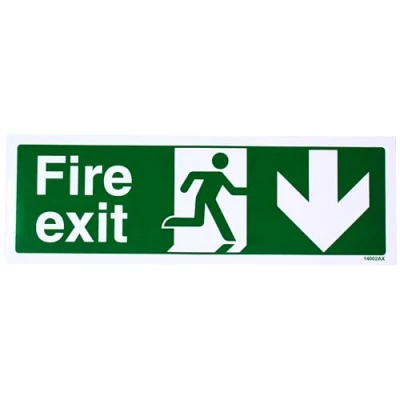 Abbildung von vsafety 14002 ax s &quot;FIRE EXIT Arrow Down&quot; Zeichen, selbstklebendes Vinyl, Landschaft, 300 mm x 100 mm, grün