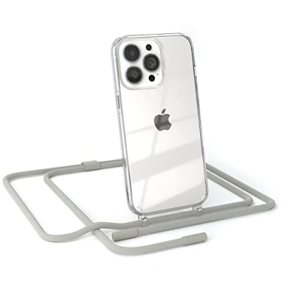 Abbildung von EAZY CASE kombinierbare Handyketten kompatibel mit iPhone 13 Pro, Transparente Silikon Hülle rundem Umhängeband, abnehmbar durch abschraubbare Endstücke Band, Schultergurt, Taupe