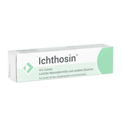 Abbildung von Ichthosin Creme gegen Juckreiz und Entzündung. Kortison Alternative bei leichter Neurodermitis Ekzemen. Belegte Wirksamkeit. Tube mit 25 g.