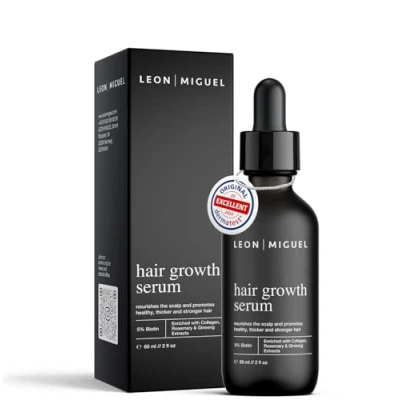 Abbildung von Leon Miguel Hair Growth Serum Biotin 5% &amp; Ginseng für schnelleres Haarwachstum Stoppe Haarausfall, Stärkeres Dickeres Haar, Anti Haarausfall Männer Frauen Vegan, Parabenfrei, 60 ml