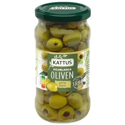 Abbildung von Kattus Grüne Hojiblanca Oliven ohne Stein verzehrfertige, entsteinte spanische Oliven, eingelegt in pikanter Salzlake, für Salate, Pasta und Co. 340 g im Glas