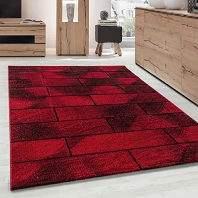 Abbildung von Frisé Teppich Geometrisch Design, Carpettex, Läufer, Höhe: 10 mm, Modern Kurzflor Teppiche Design Rot Wohnzimmer