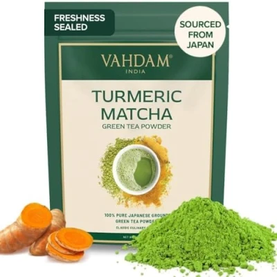 Abbildung von VAHDAM Matcha Teepulver mit Kurkuma, 100% reines, ungemischtes japanisches Pulver indischem Kurkuma Pulver, Grüntee 100 g, 50 Tassen