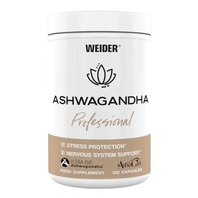 Abbildung von WEIDER Ashwagandha Professional Kapseln hochdosiert, mit hochwertigem KSM 66 Ashwagandha, indische Schlafbeere plus AstraGin, Magnesium und Vitamin C, 120 Kapseln, 60 Portionen