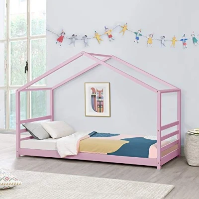 Abbildung von Kinderbett Vardø mit Lattenrost und Gitter 90 x 200 cm Hausbett Bettenhaus Bett Jugendbett Kiefernholz Rosa