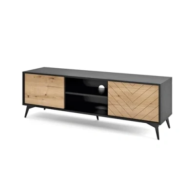 Abbildung von Selsey Boulia TV Lowboard Schwarz mit Fischgrätfronten in Eiche, 154 cm