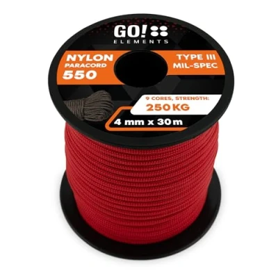 Abbildung von GO!elements 30m Paracord Seil aus reißfester Nylonschnur 4mm 550 Typ III Schnur geeignet als Allzweckseil &amp; Reepschnur Max. 250kg, Farbe: Rot