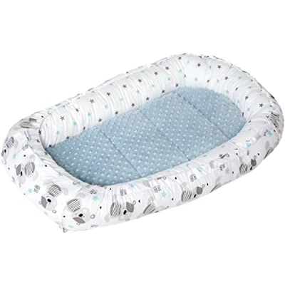 Abbildung von Medi Partners Babynest Kuschelnest Babynestchen 100% Baumwolle Nestchen Reisebett für Babys Säuglinge 100x60x15cm herausnehmbarer Einsatz (Teddybär mit hellblauen Minky)