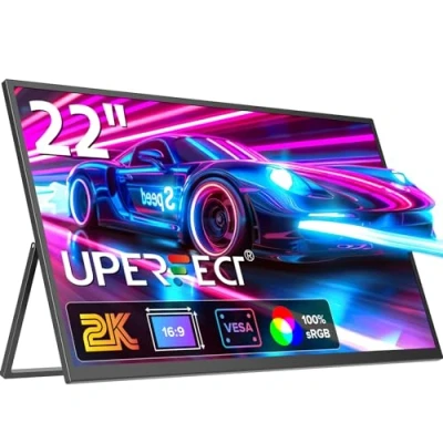 Abbildung von UPERFECT Portable Monitor 2K 22 Zoll, Tragbarer mit 2560 * 1440 IPS Bildschirm Integrierter Halterung Mini HDMI USB C für PC Laptop Handy Xbo Switch, Mobiler VESA kompatibel